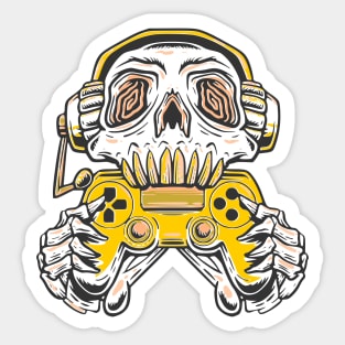 A skull gamer holding a yellow joystick controller and wearing headphone. Sticker